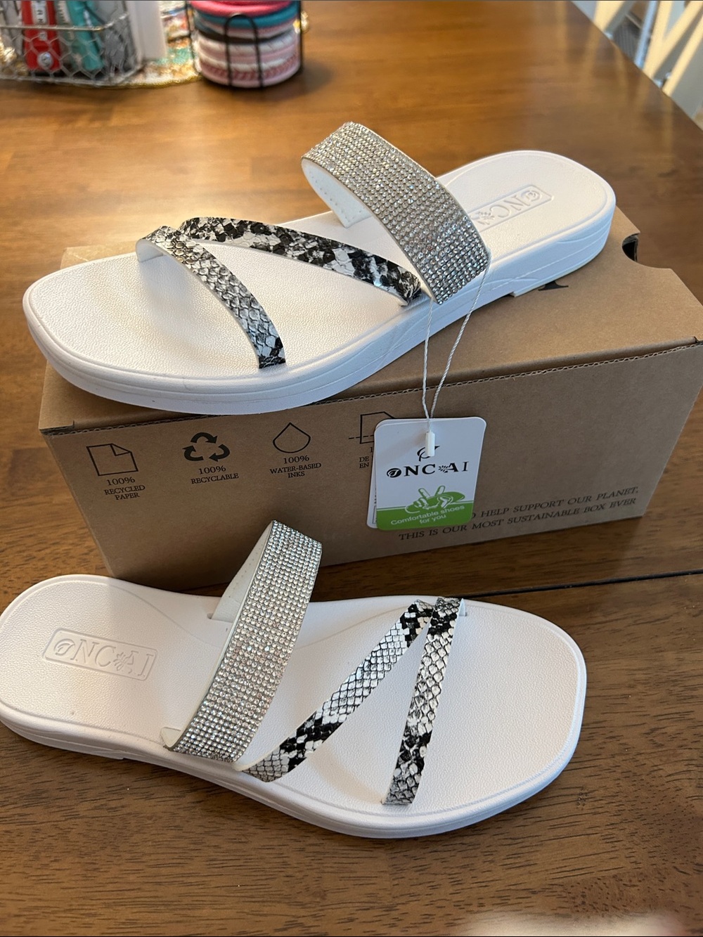 ONC•AI White Slide Sandals with Rhinestone and Black Snake-Print Straps